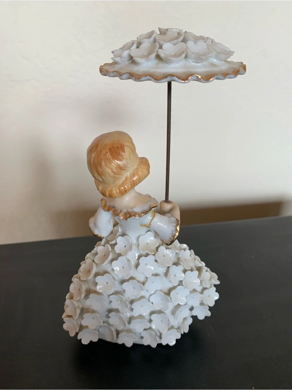 Vintage Porcelain Figurine Girl with Parasol - White and Gold Accents